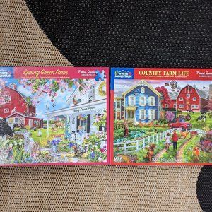 Two 1000 piece White Mountain Puzzles; Spring Green Farm + Country Farm Life